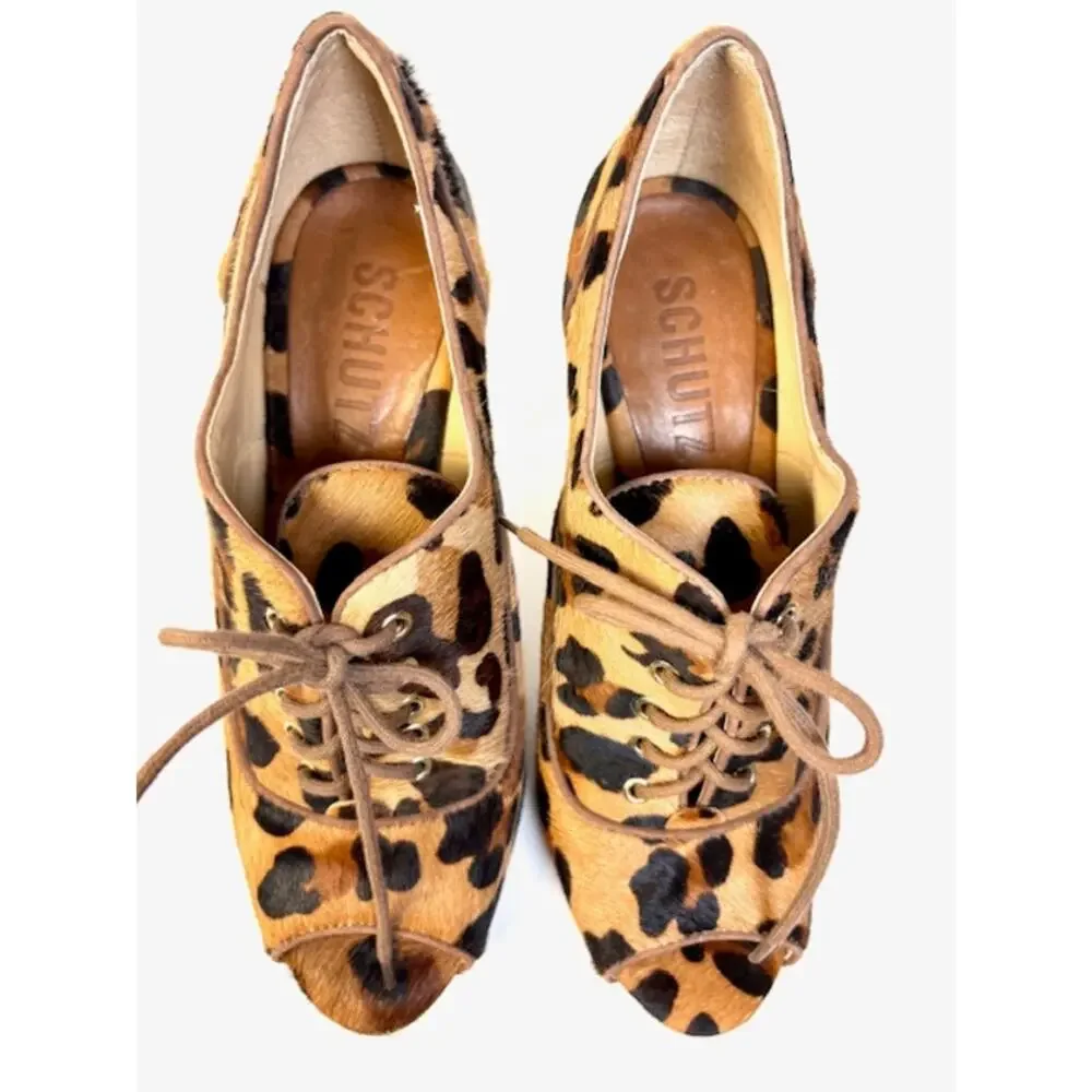 Schutz Leopard Print Calf Hair Lace Up Booties Peep‎ Toe Stiletto Heels Size 7B